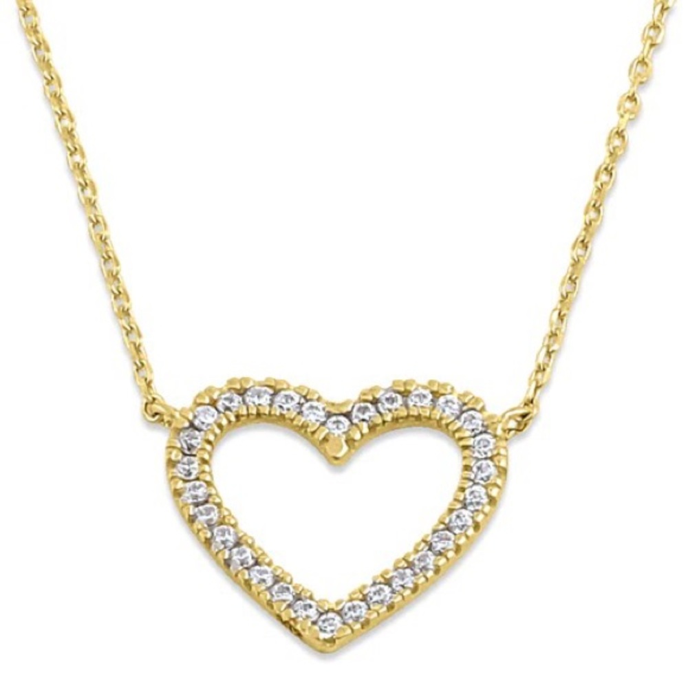14K Solid Gold Open Heart CZ Pendant Necklace